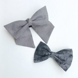 Handmade Black Printed Cotton Hair Tie & Gray Printed Pin Set