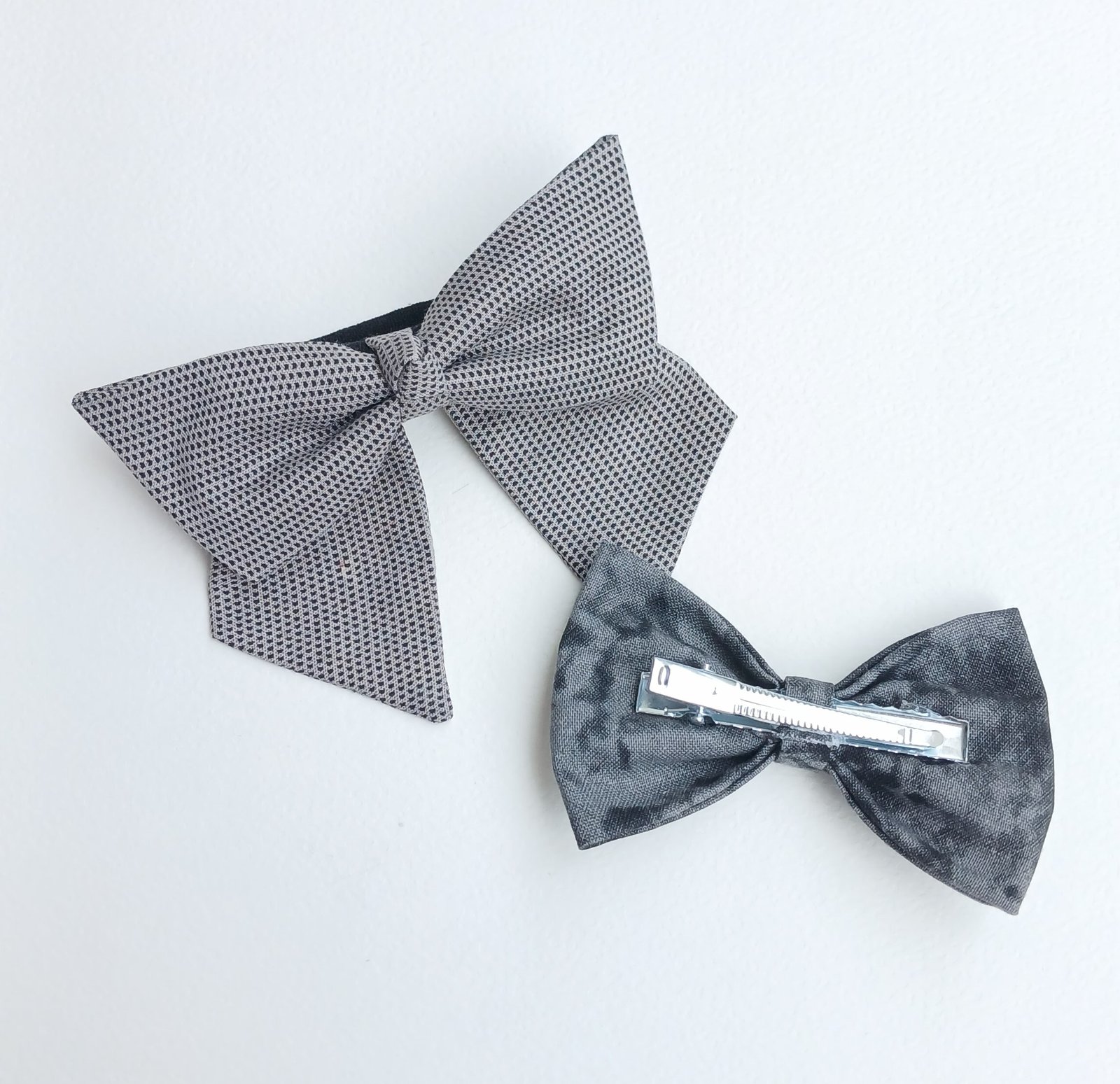 Handmade Black Printed Cotton Hair Tie & Gray Printed Pin Set - Image 2