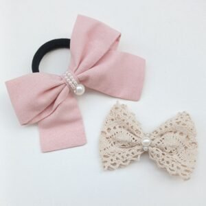 Handmade Peach Cotton Tie & Cream Crochet Lace pin Set