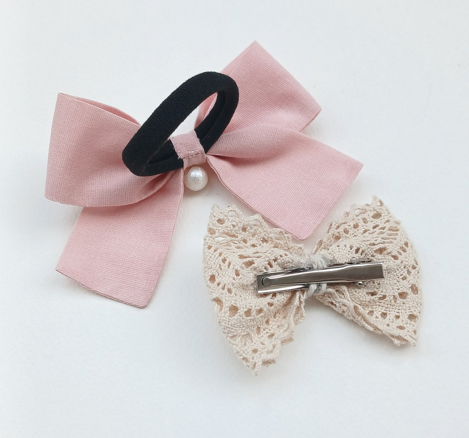 Handmade Peach Cotton Tie & Cream Crochet Lace pin Set - Image 2