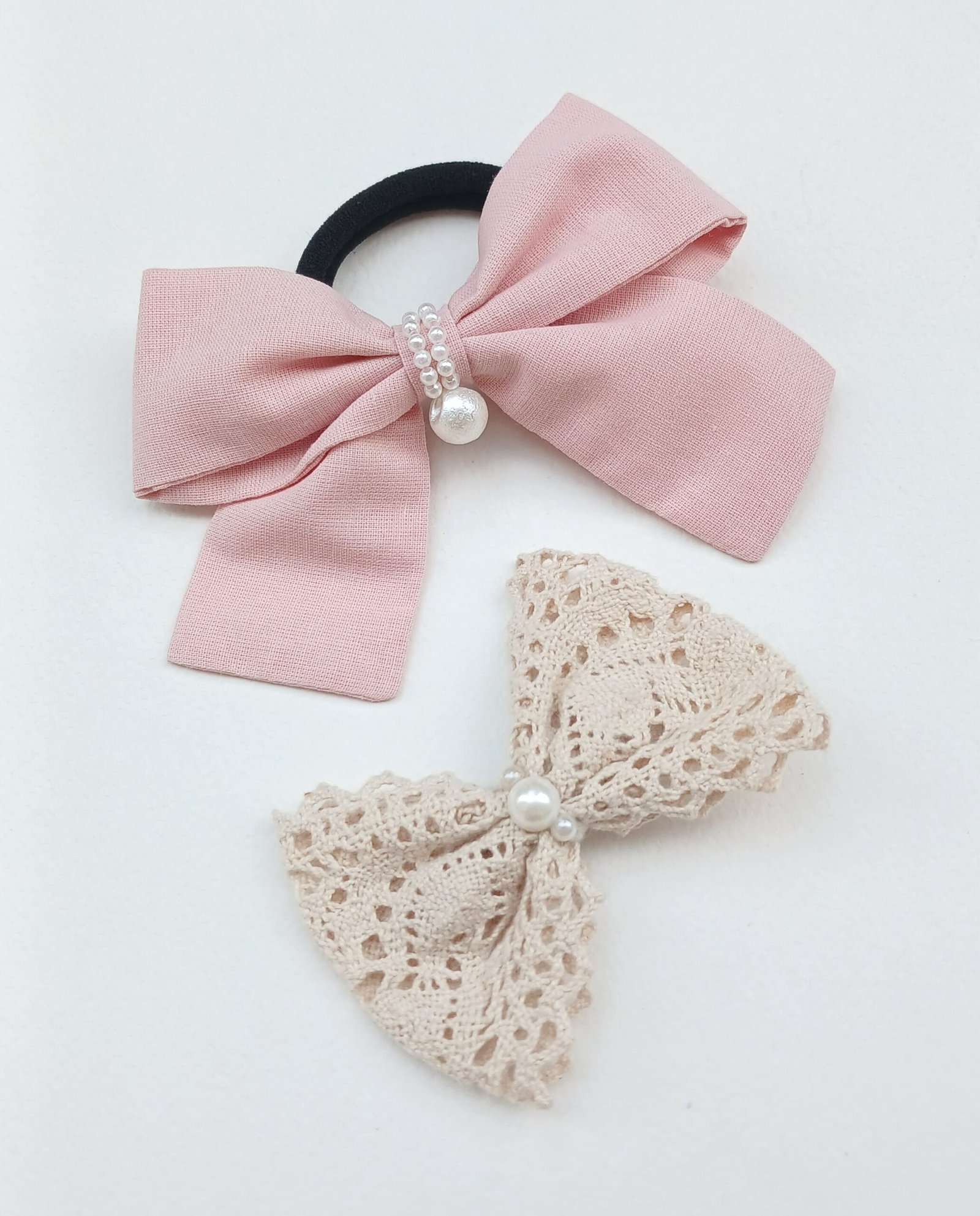 Handmade Peach Cotton Tie & Cream Crochet Lace pin Set - Image 3