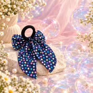 Handmade Navy Blue Polka Dot Bow Hair Tie