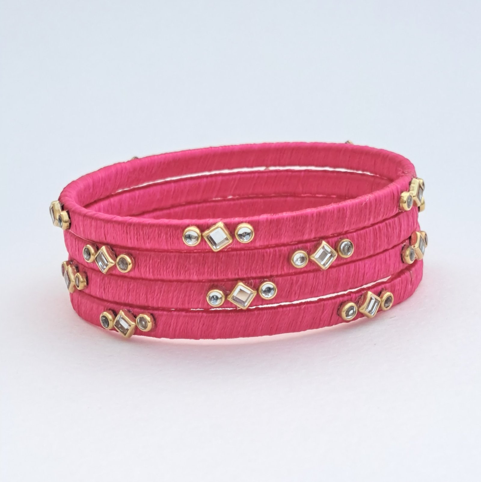 Handcrafted Pink Silk Thread Kundan Bangle Set