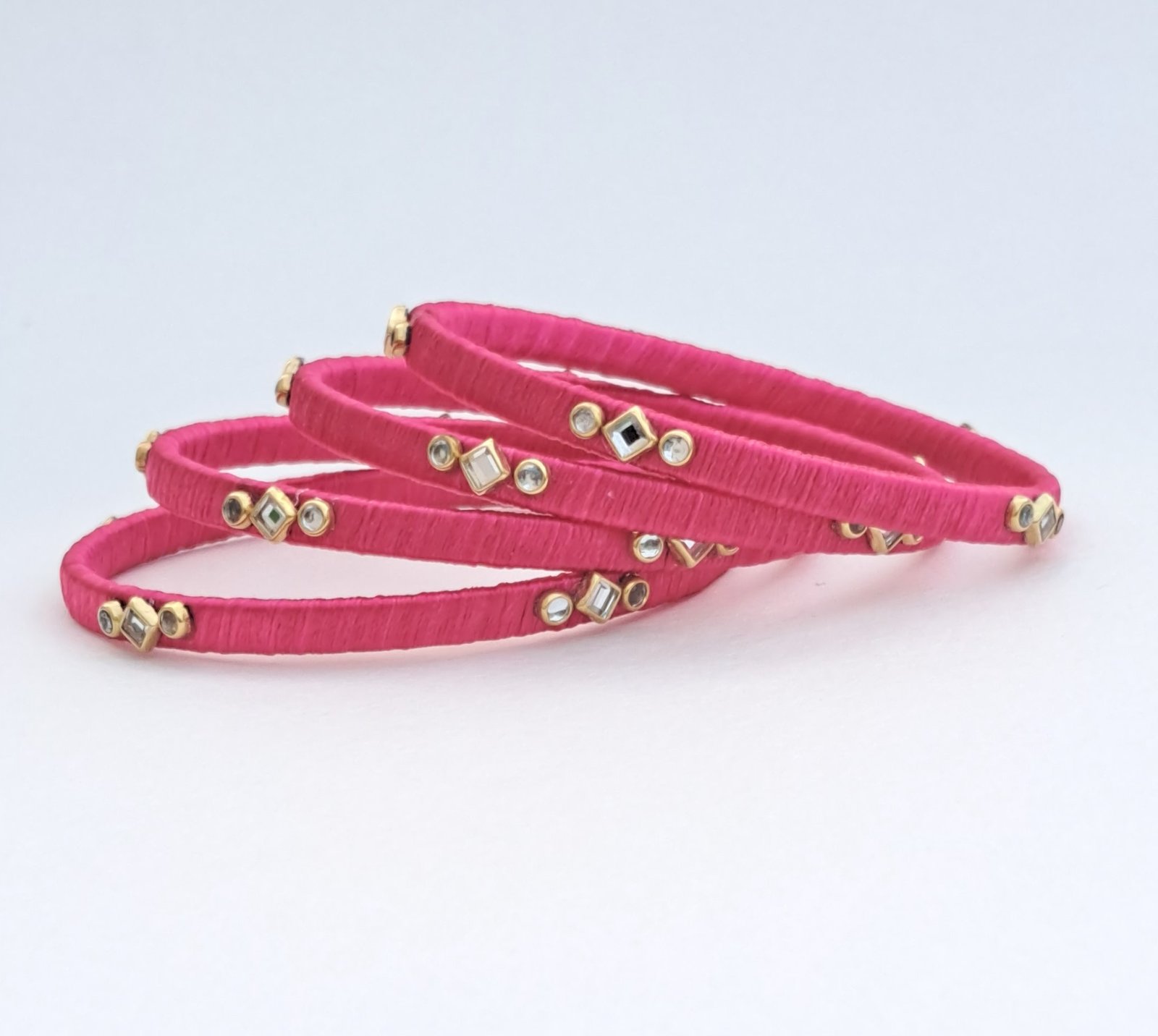 Handcrafted Pink Silk Thread Kundan Bangle Set - Image 2