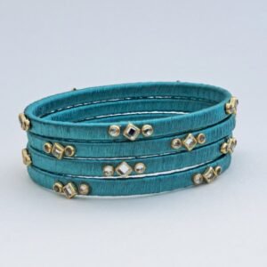 Handcrafted Tropical Teal Silk Thread Kundan Bangle Set
