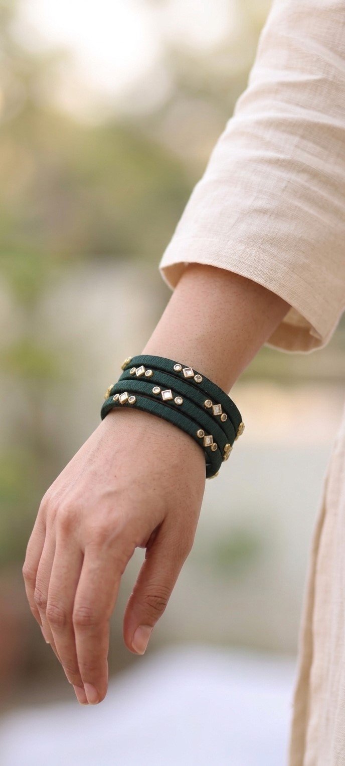 Handcrafted Bottle Green Silk Thread Kundan Bangle Set