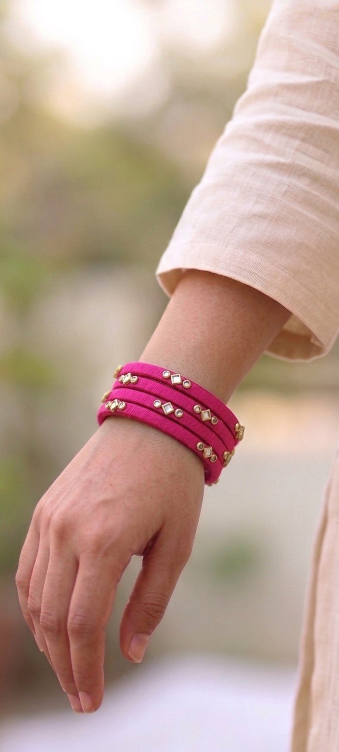 Handcrafted Pink Silk Thread Kundan Bangle Set - Image 3
