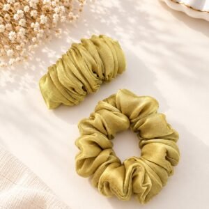 Title: Handmade Olive Gold Lava Silk French Barrette Clip & Scrunchie Set