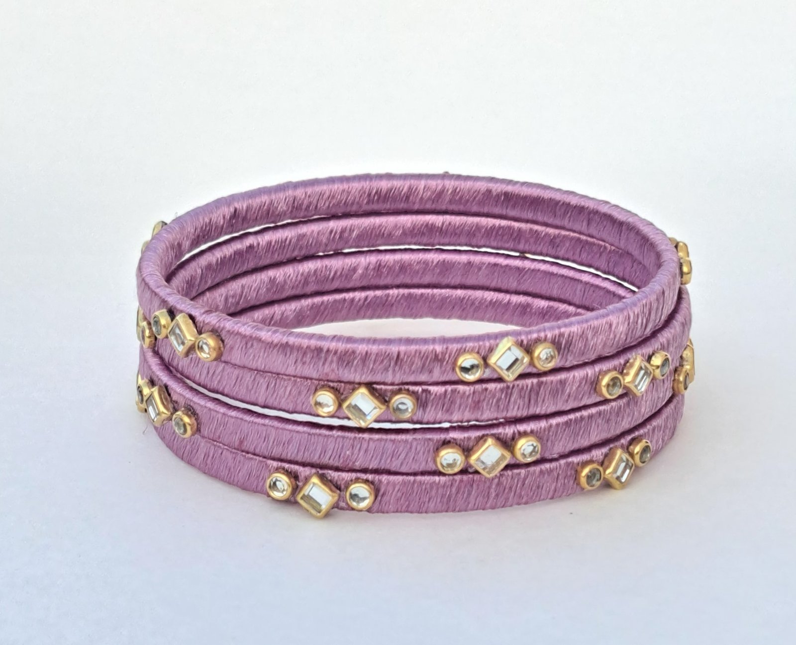 Handcrafted Lavender Silk Thread Kundan Bangles (Set of 4)