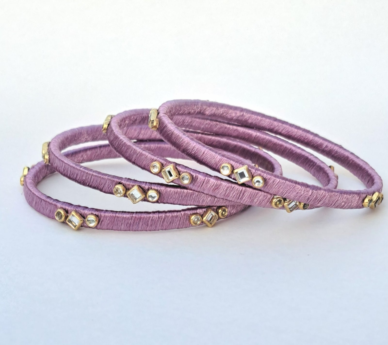Handcrafted Lavender Silk Thread Kundan Bangles (Set of 4) - Image 2