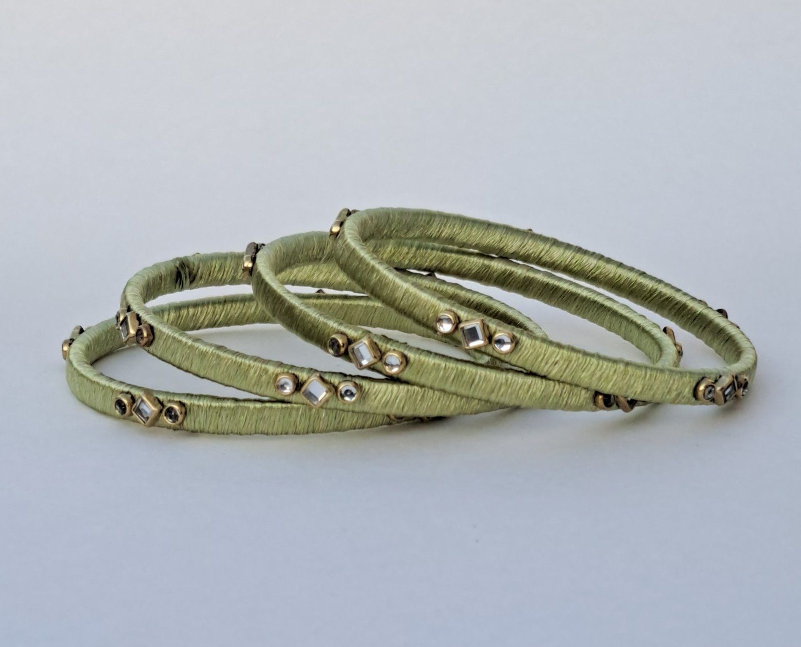 Handcrafted Olive Green Silk Thread Kundan Bangles (Set of 4) - Image 2