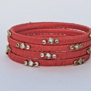 Handcrafted Coral Red Silk Thread Kundan Bangles (Set of 4)